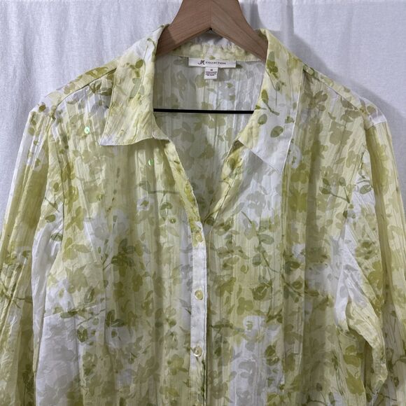 JM Collection Green White Sheer Floral Print Button Up Shirt Womens Size 18 - Picture 4 of 7